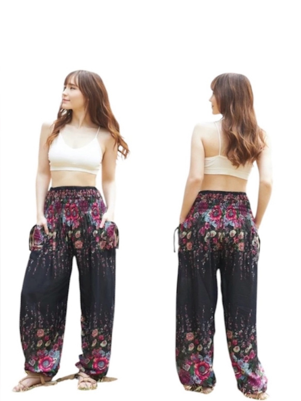 Harem Berry Piper Flowy Floral Black Bohemian Artisan Thailand Pants SZ OS